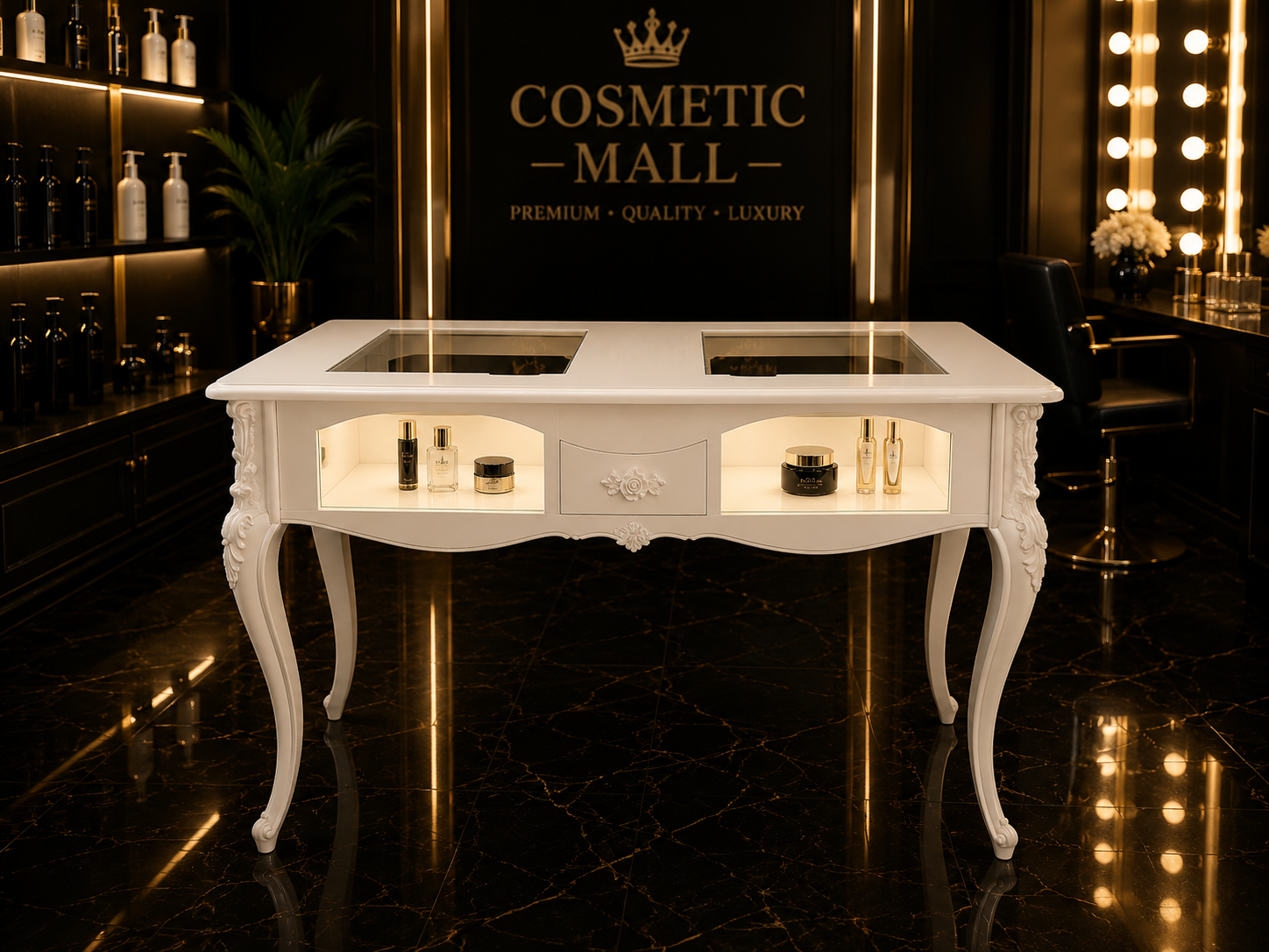 WHITE MANICURE TABLE GLASS+WOOD L120CMxW40CMxH80CM