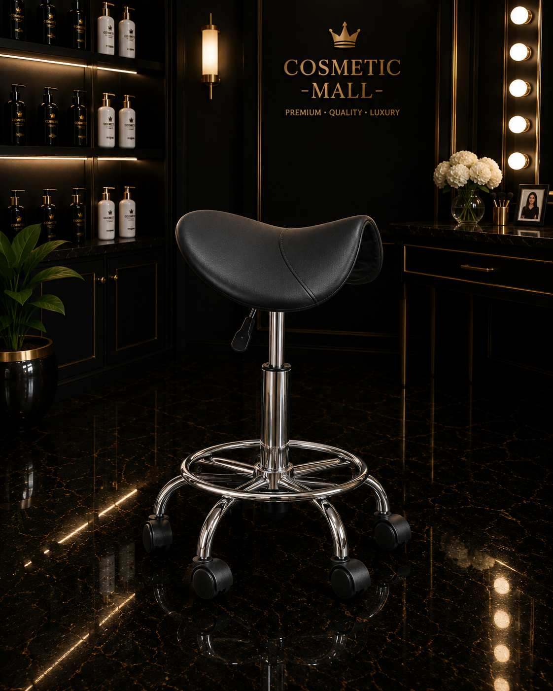 Square Rolling Stool without Back Rest Black