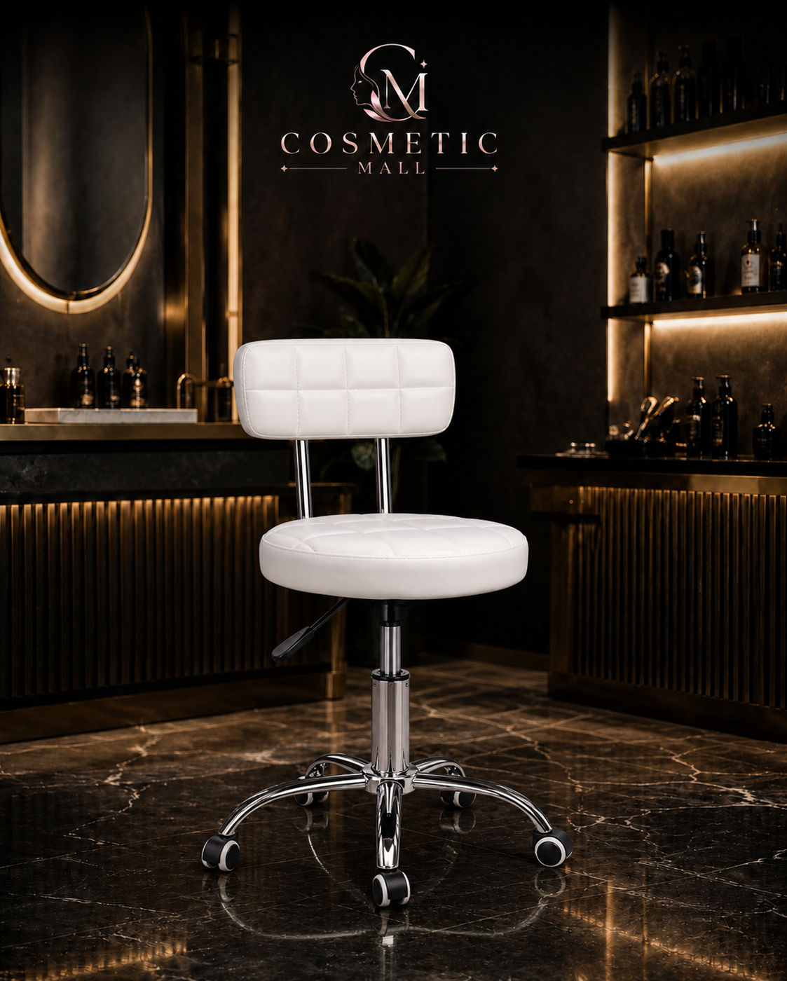 Chair Beauty Stool with back rest (White)
