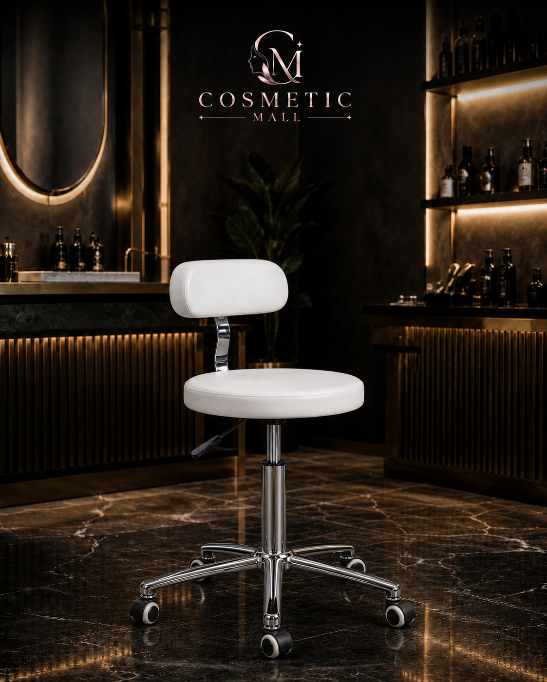 Salon Stool Chair with Back Rest White