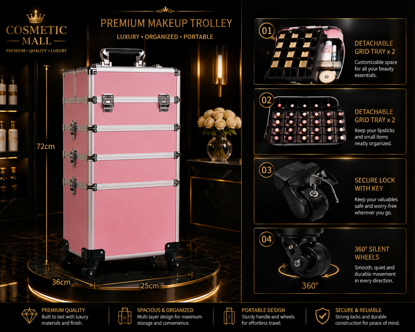 MAKEUP CASE TROLLEY PINK (1pcs/ctn)