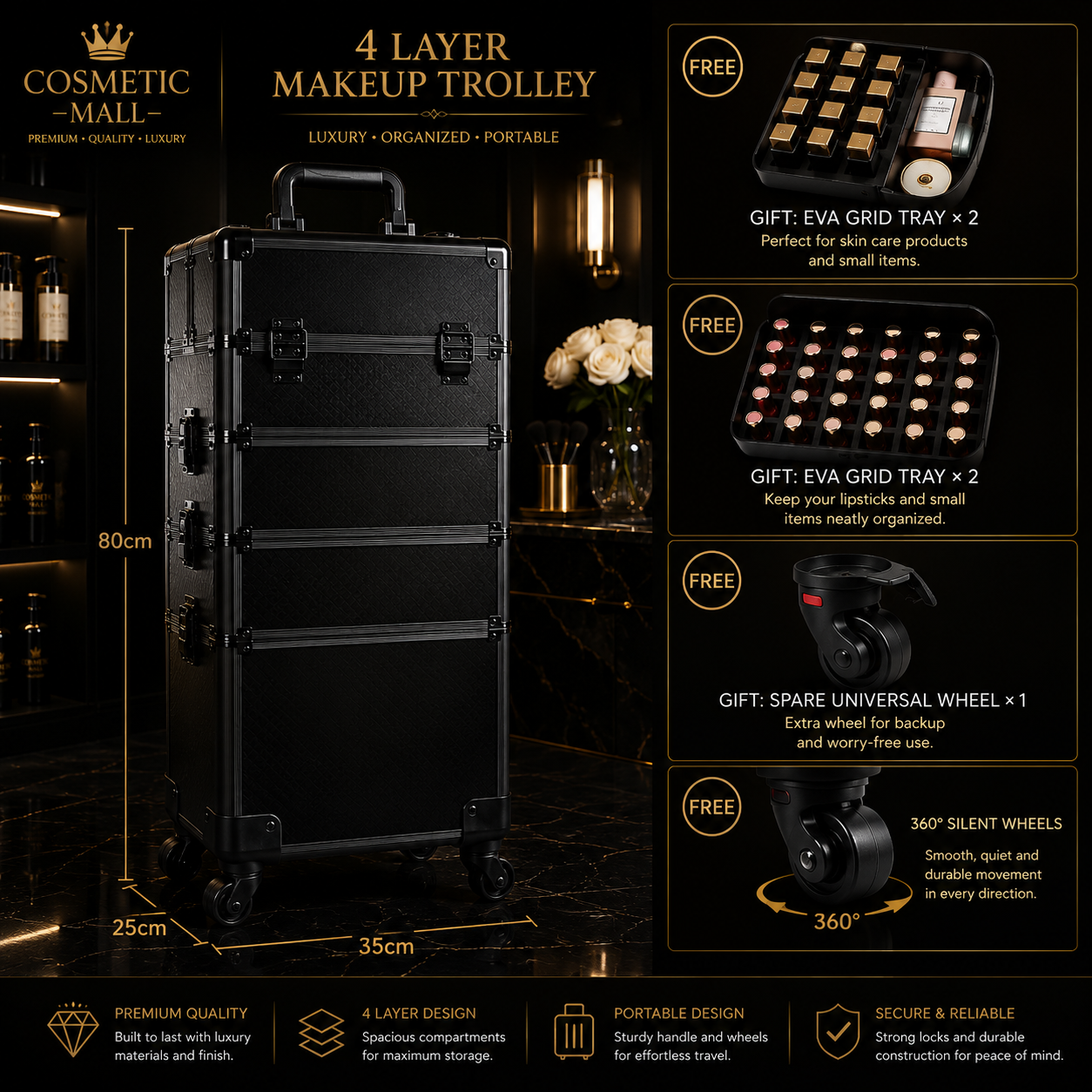 MAKEUP CASE TROLLEY FULL BLACK (1pcs/ctn)