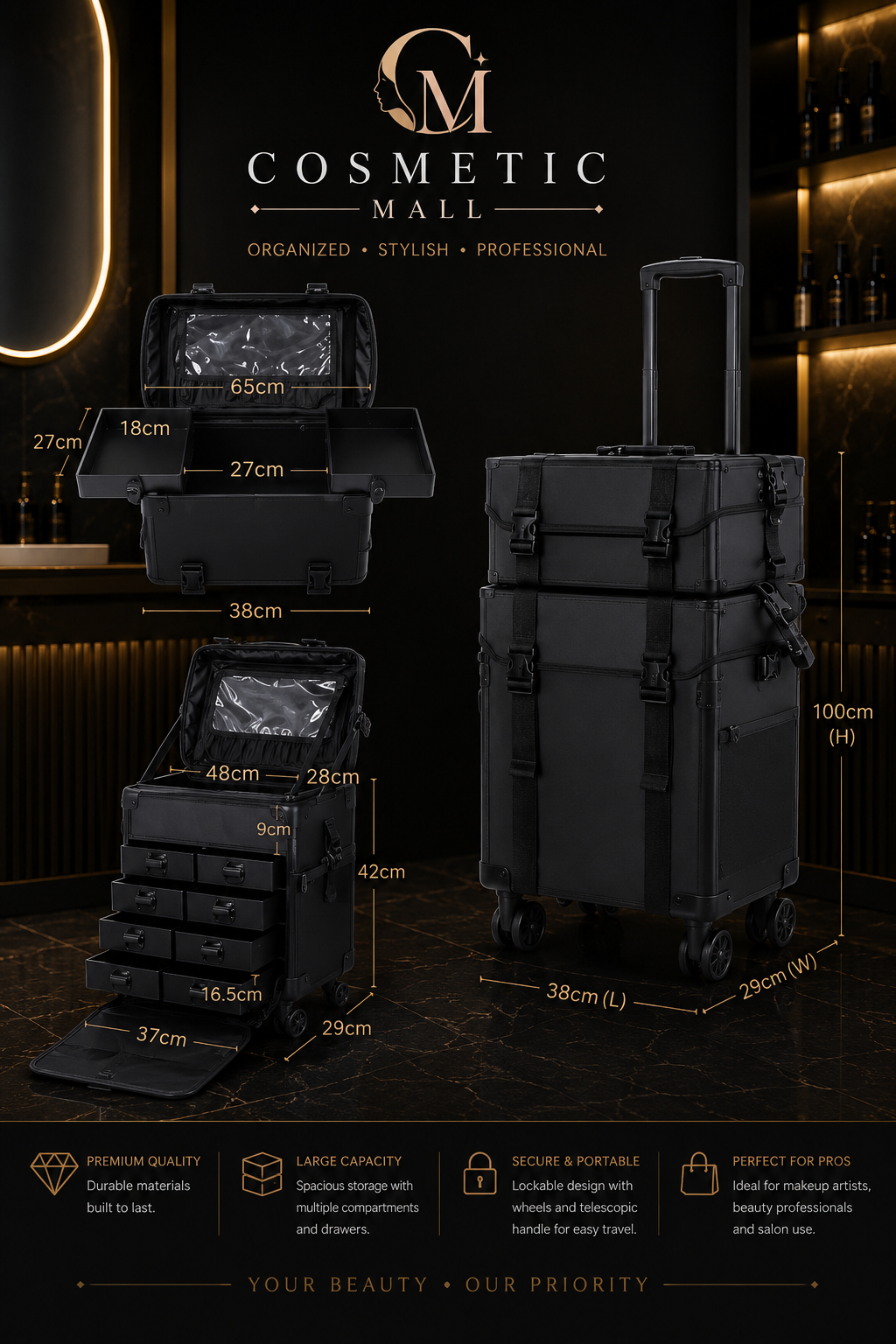 2 in 1 Makeup Bag Trolley Black (1PC/CTN) 100x38x29cm