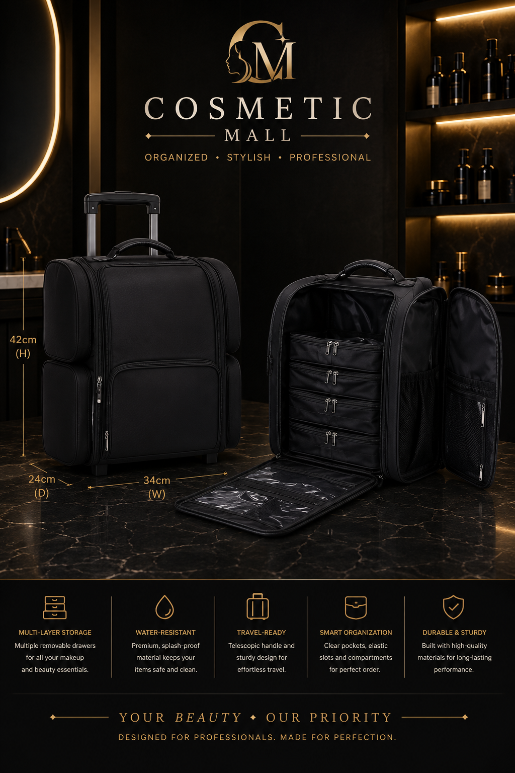 Makeup Bag Trolley Black SIZE 400*215*380mm