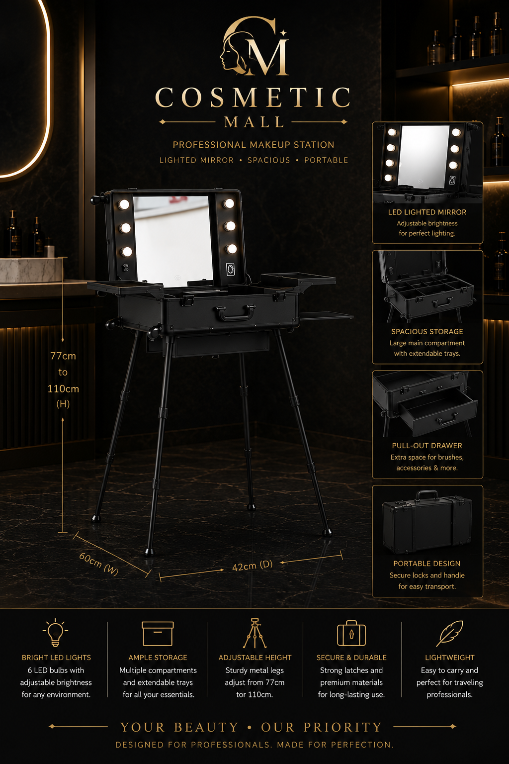 Makeup Case with BULB Light BLACK 580x450x220cm