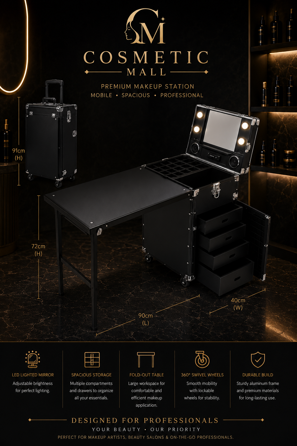 Make Up Case with Light Bluetooth Black 580*450*220cm