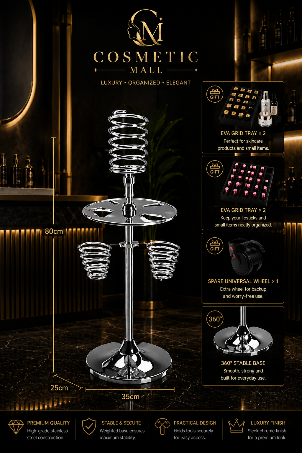 Blow Dryer Stand With Plate 3 Spiral+White Plate+ Steel Base