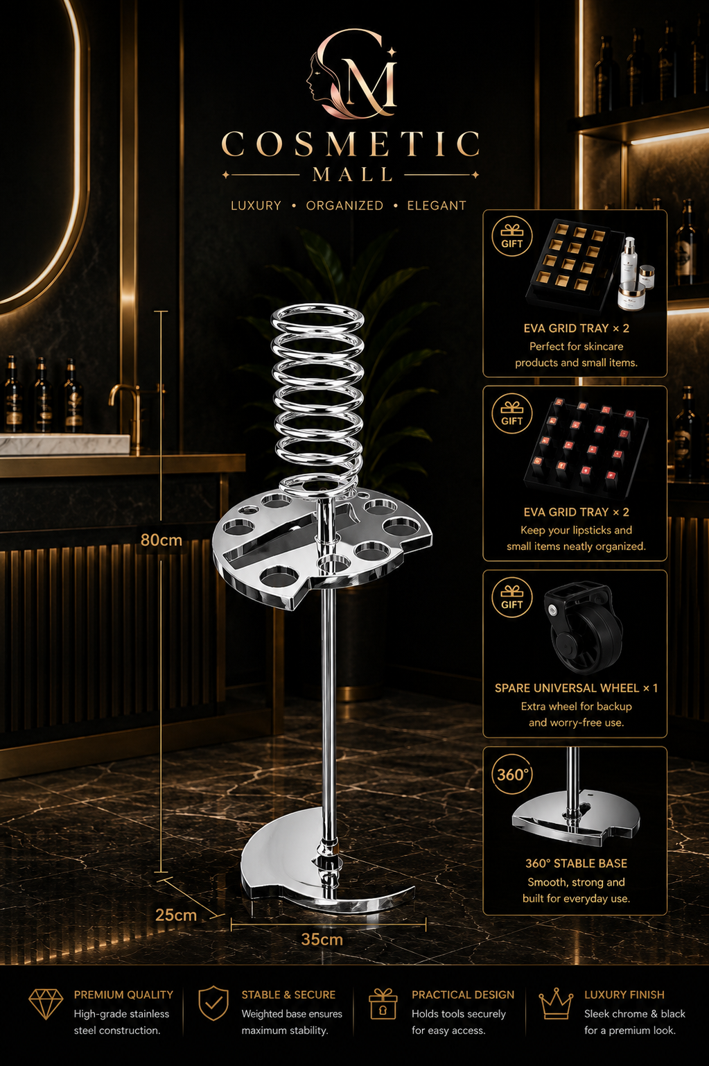 Blow Dryer Stand Big with Electroplated Plastic Base Silver