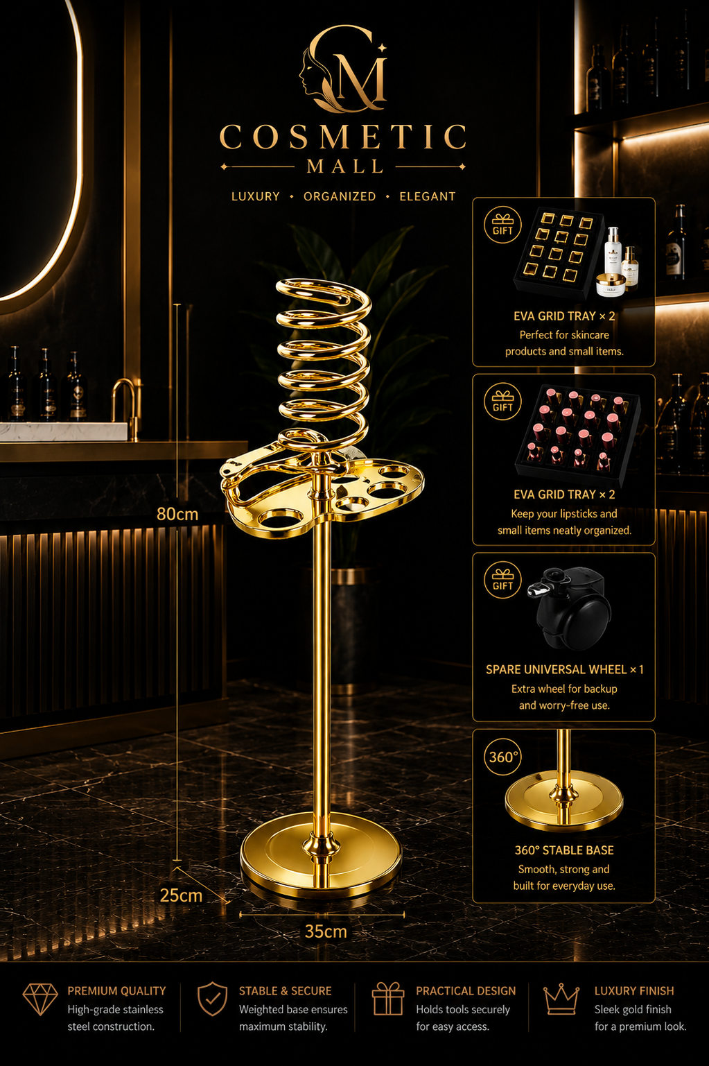 Blow Dryer Stand Big with Electroplated Plastic Base Gold