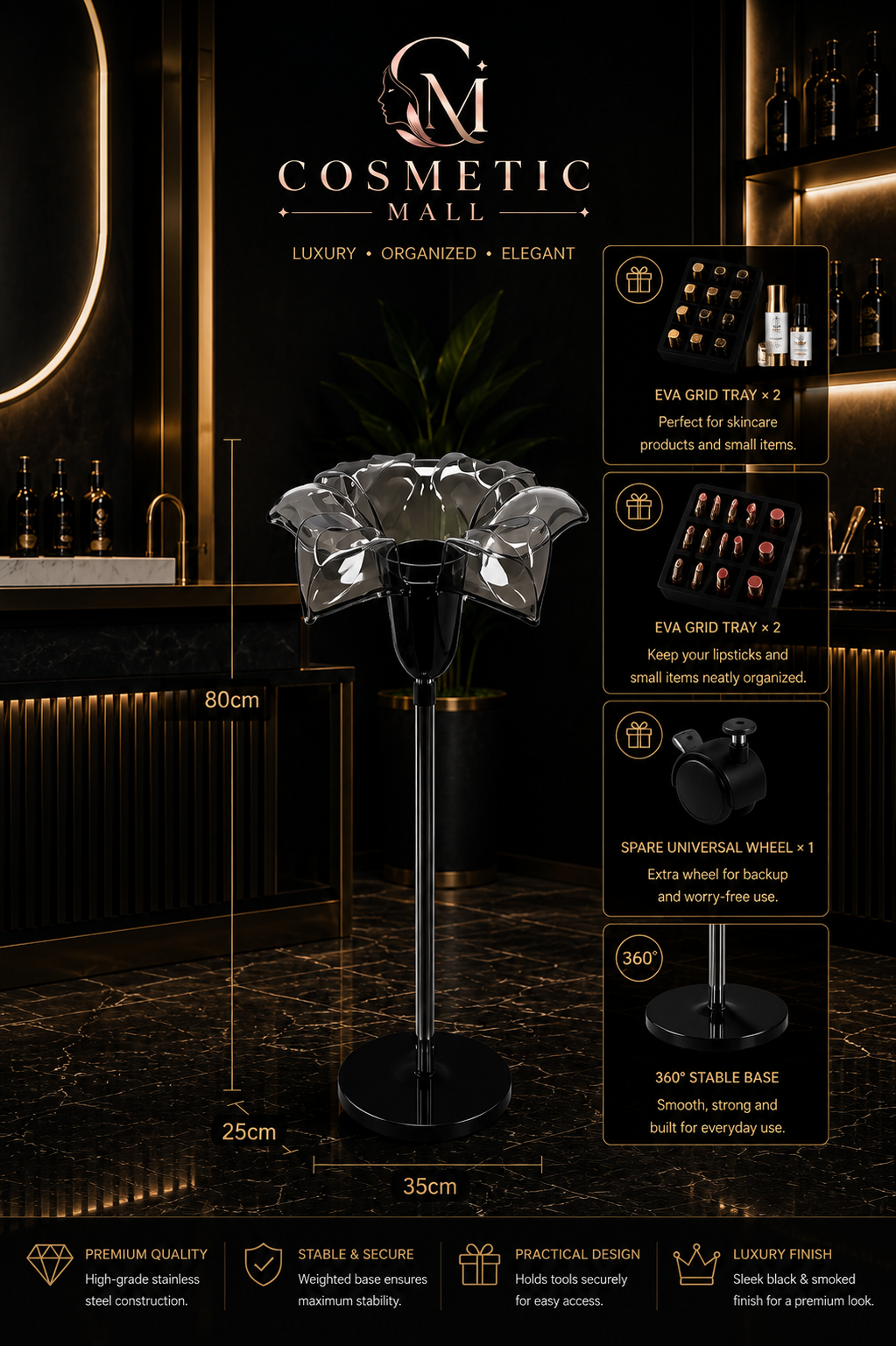 Blow Dryer Stand Big Flower Black with Marble Base