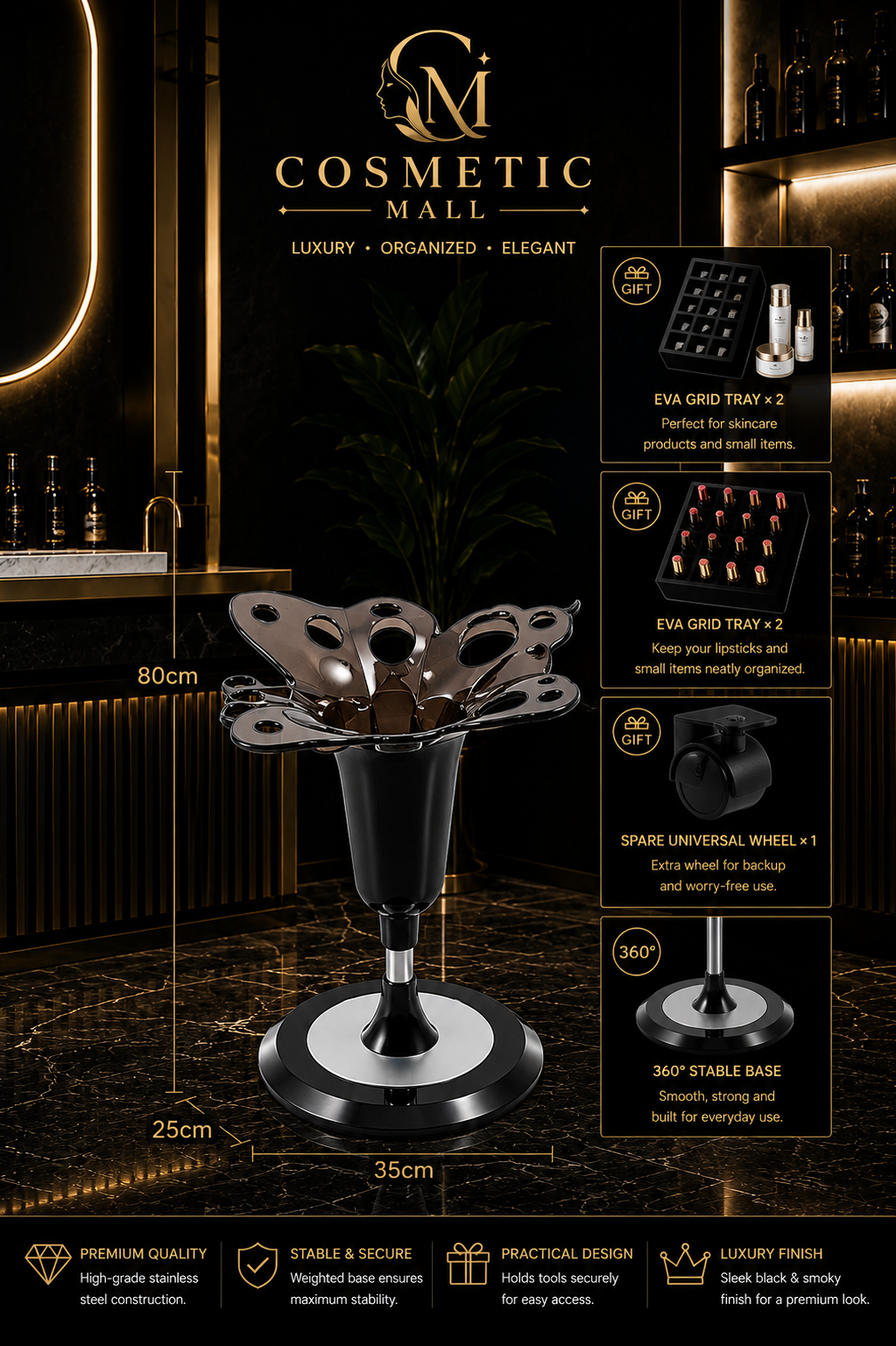 Blow Dryer Stand Butterfly Design Black with Plastic Base