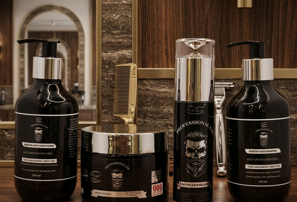 Set of hair care products on a wooden surface with a mirror and grooming tools in the background.