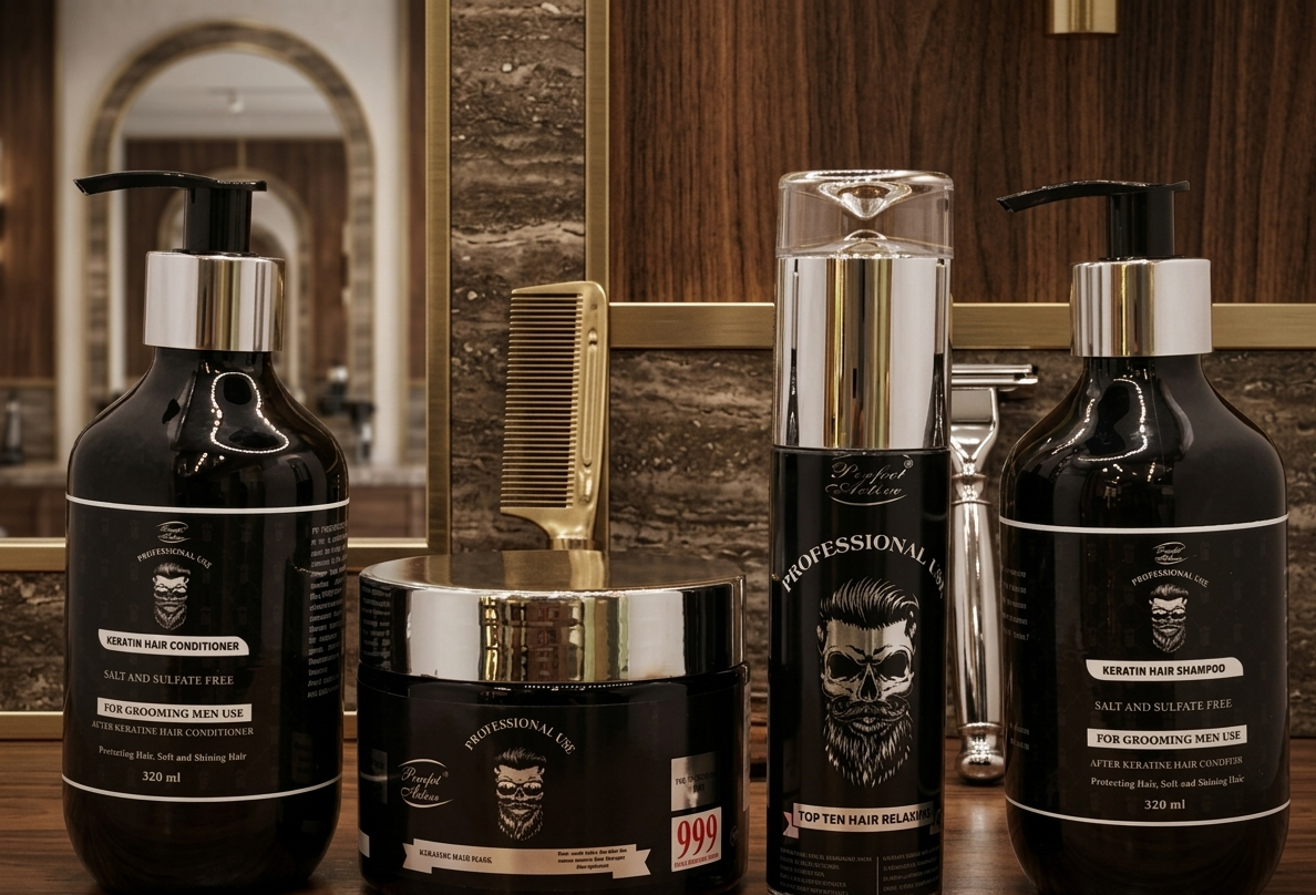 Set of hair care products on a wooden surface with a mirror and grooming tools in the background.