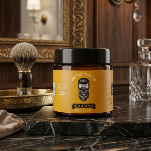 Jar of hair style wax on a marble surface with a mirror and shaving brush in the background