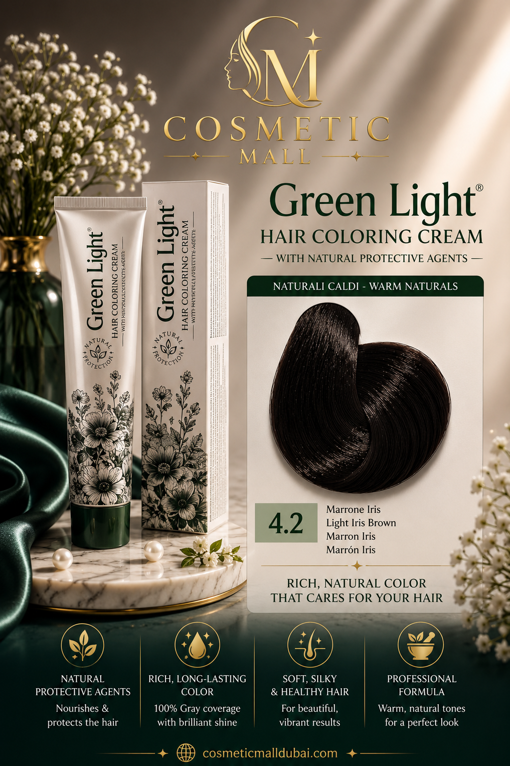 Green Light Hair Coloring Cream 4.2 Light Iris Brown | Professional Permanent Hair Color