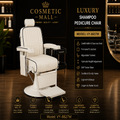 A luxury pedicure shampoo chair by Cosmetic Mall, featuring a white padded barber-style chair with a black side table, set against a dark bar interior background with promotional text overlays.