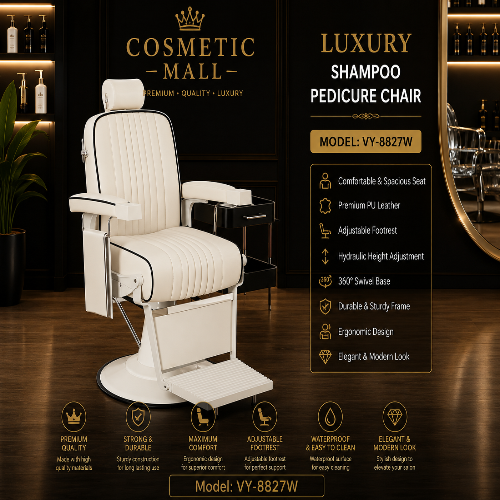 A luxury pedicure shampoo chair by Cosmetic Mall, featuring a white padded barber-style chair with a black side table, set against a dark bar interior background with promotional text overlays.