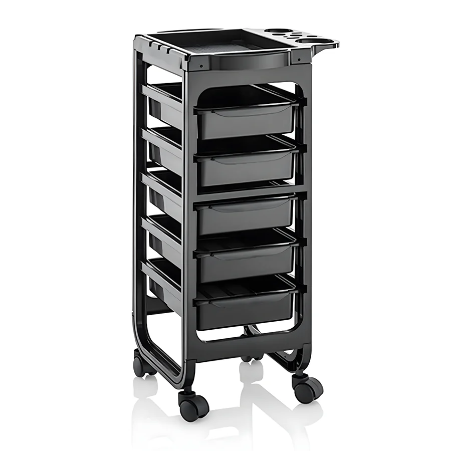 PERFECT ACTIVE-Salon Trolley 188 – Professional Rolling Hairdressing Cart with 5 Drawers, Side Tray & Tool Organizer – Black