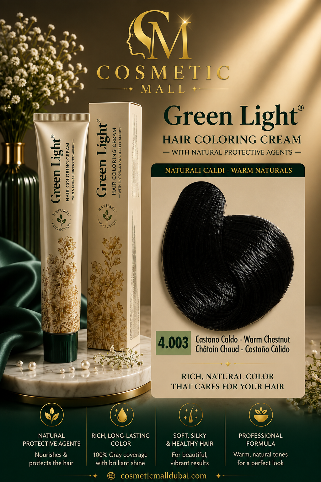 Green Light Hair Coloring Cream 4.003 Warm Chestnut | Professional Permanent Hair Color