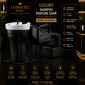 Luxury pedicure salon shampoo chair by Cosmetic Mall, featuring a black leather chair with a white ceramic basin, set against a dark marble background with promotional text and feature icons.