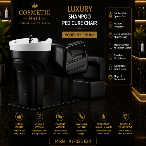 Luxury pedicure salon shampoo chair by Cosmetic Mall, featuring a black leather chair with a white ceramic basin, set against a dark marble background with promotional text and feature icons.