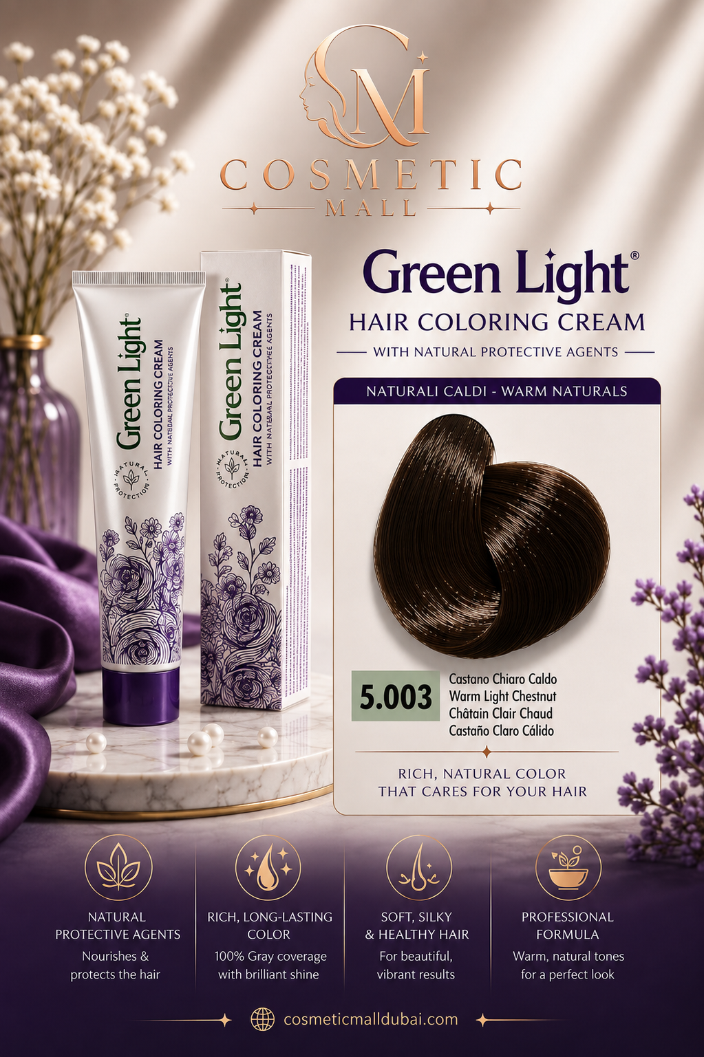 Green Light Hair Coloring Cream 5.003 Warm Light Chestnut | Professional Permanent Hair Color