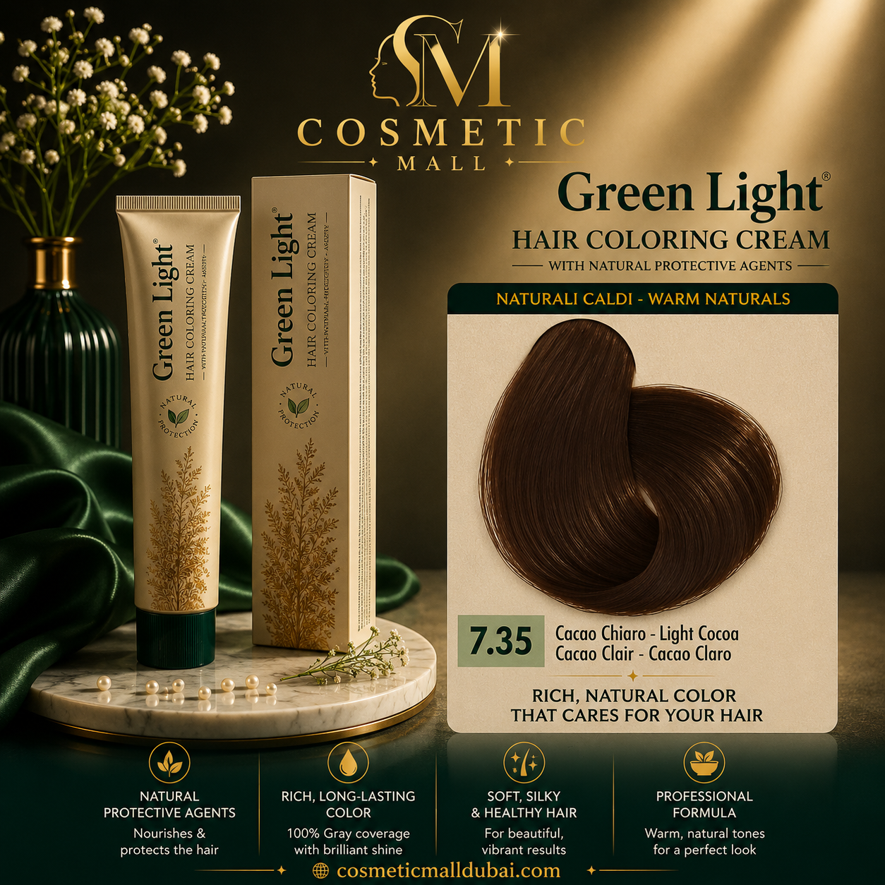 Green Light Hair Coloring Cream 7.35 Light Cocoa | Professional Permanent Hair Color