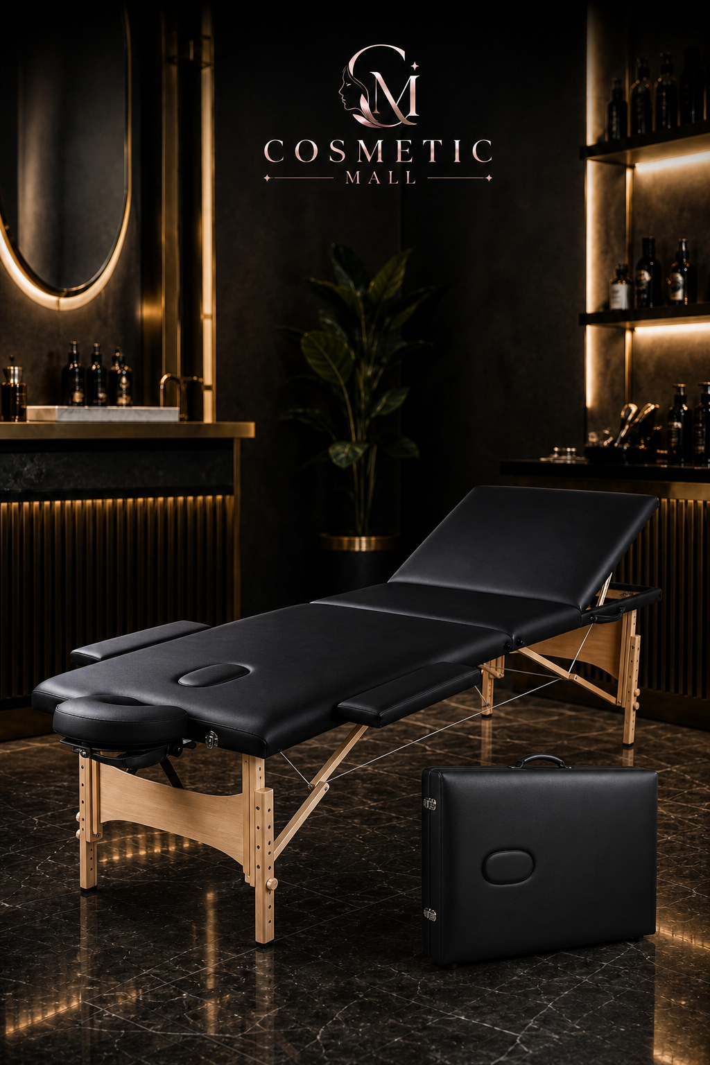 E.Fit Portable Wooden Massage Bed Black 186x70x62- 80cm