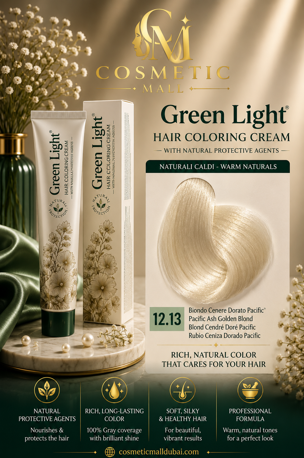 Green Light Hair Coloring Cream 12.13 Pacific Ash Golden Blonde | Professional Permanent Hair Color