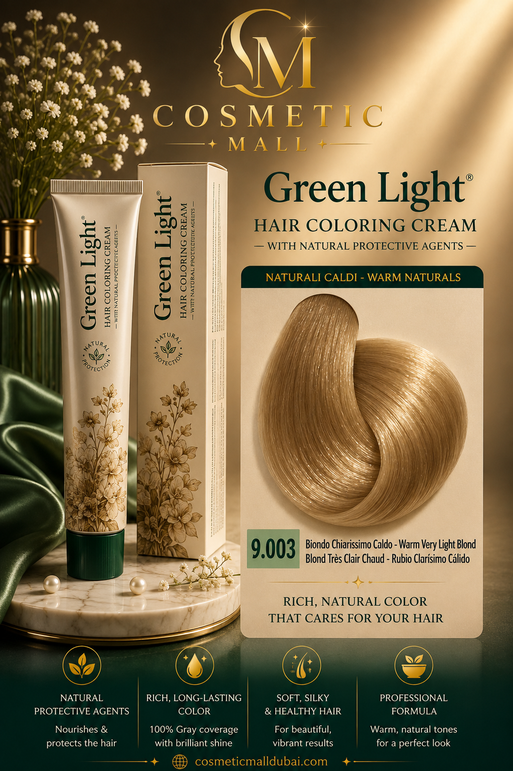 Green Light Hair Coloring Cream 9.003 Warm Very Light Blonde | Professional Permanent Hair Color