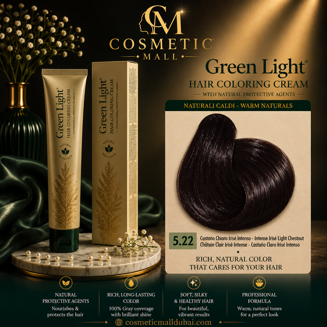 Green Light Hair Coloring Cream 5.22 Intense Irisé Light Chestnut | Professional Permanent Hair Color