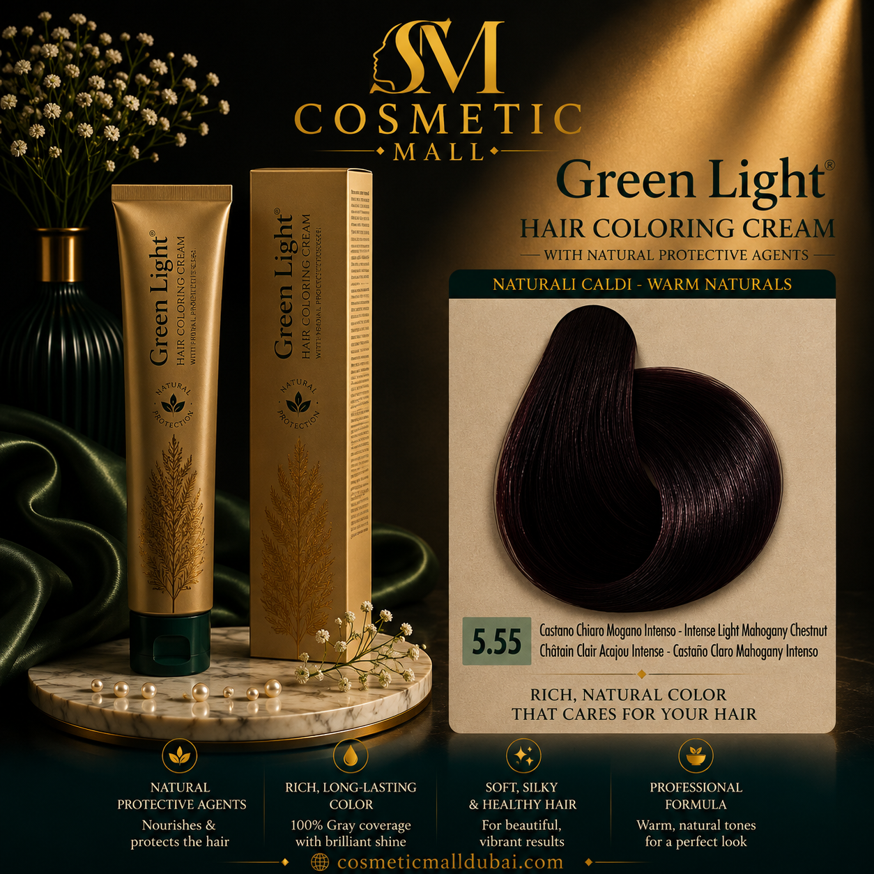 Green Light Hair Coloring Cream 5.55 Intense Light Mahogany Chestnut | Professional Permanent Hair Color