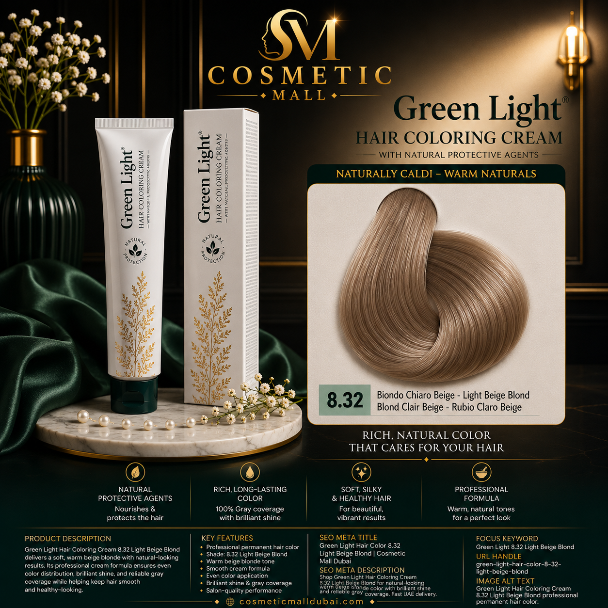 Green Light Hair Coloring Cream 8.32 Light Beige Blond | Professional Permanent Hair Color