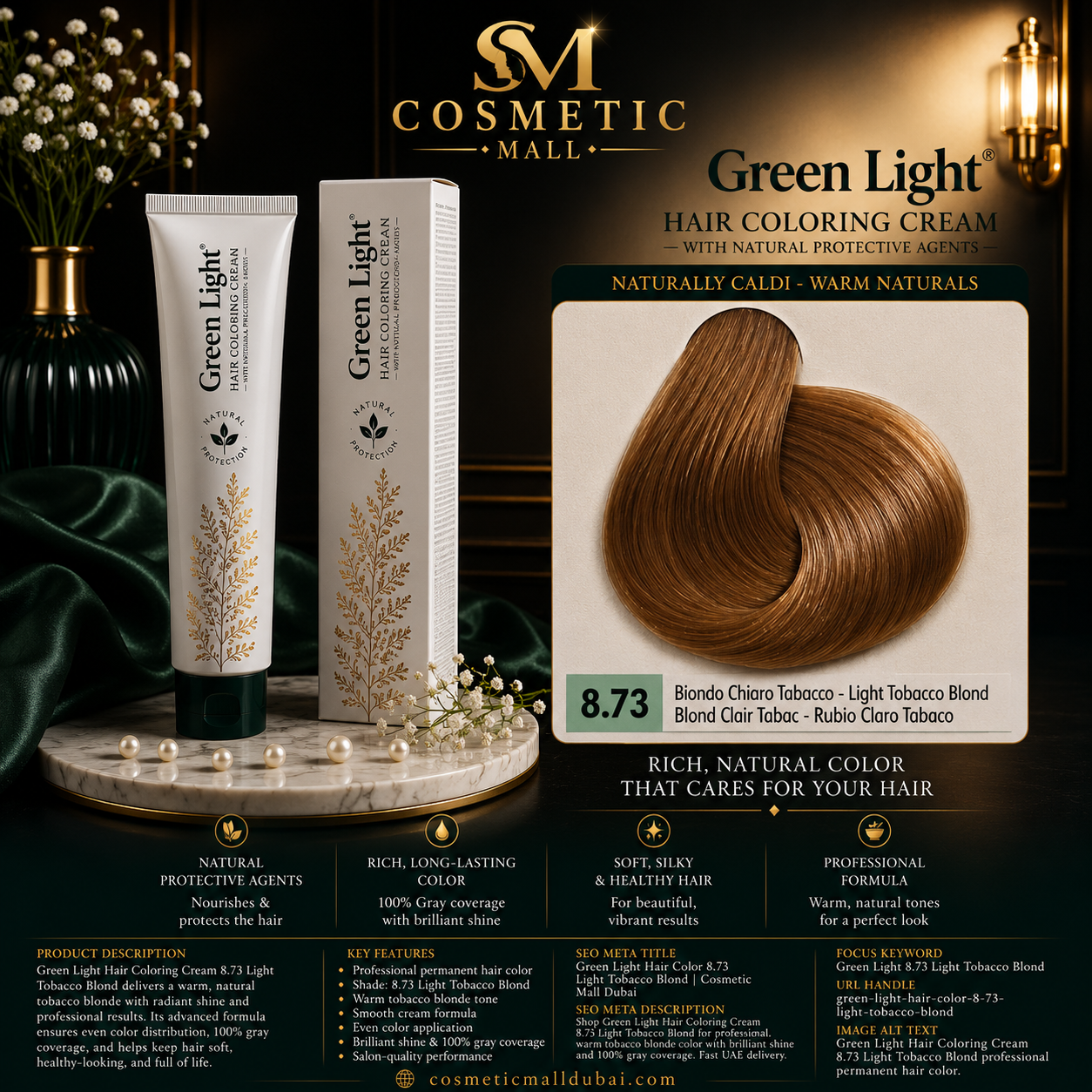 Green Light Hair Coloring Cream 8.73 Light Tobacco Blond | Professional Permanent Hair Color