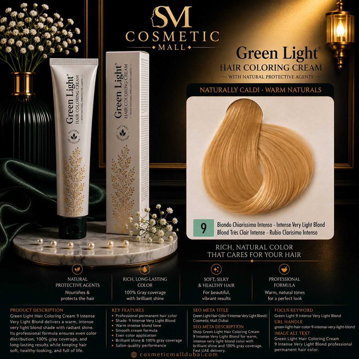 Green Light Hair Coloring Cream 9 Intense Very Light Blond | Professional Permanent Hair Color