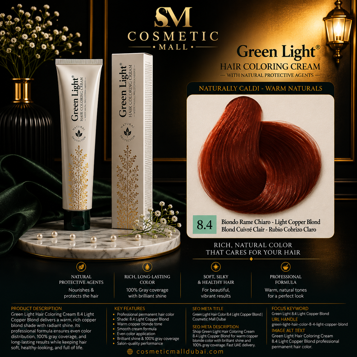 Green Light Hair Coloring Cream 8.4 Light Copper Blond | Professional Permanent Hair Color