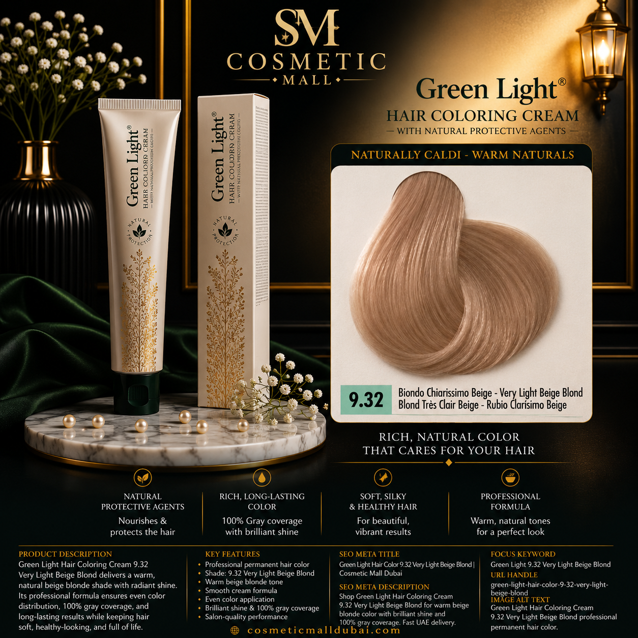 Green Light Hair Coloring Cream 9.32 Very Light Beige Blond | Professional Permanent Hair Color