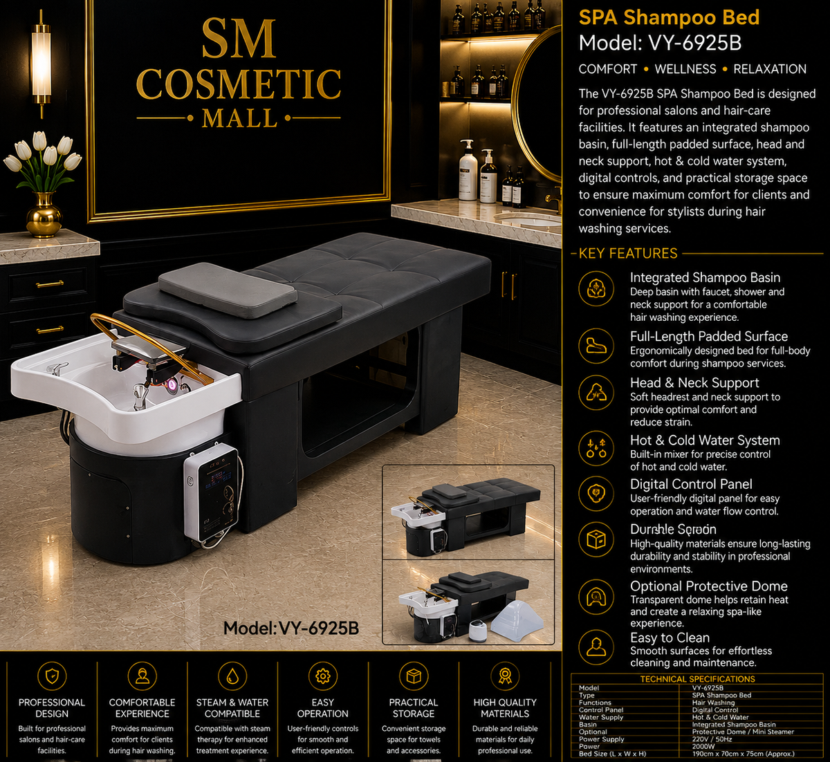 VY-6925B Professional SPA Shampoo Bed with Integrated Shampoo Basin
