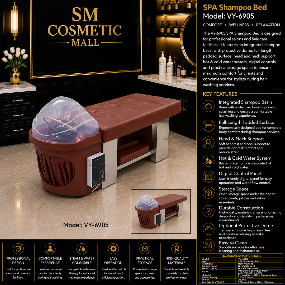 VY-6905 Professional SPA Shampoo Bed with Integrated Shampoo Basin