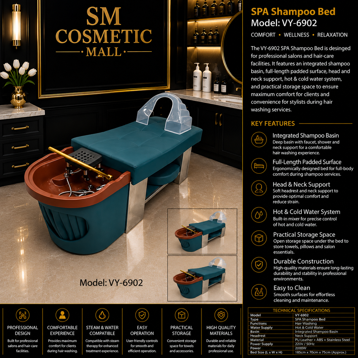VY-6902 Professional SPA Shampoo Bed with Integrated Shampoo Basin