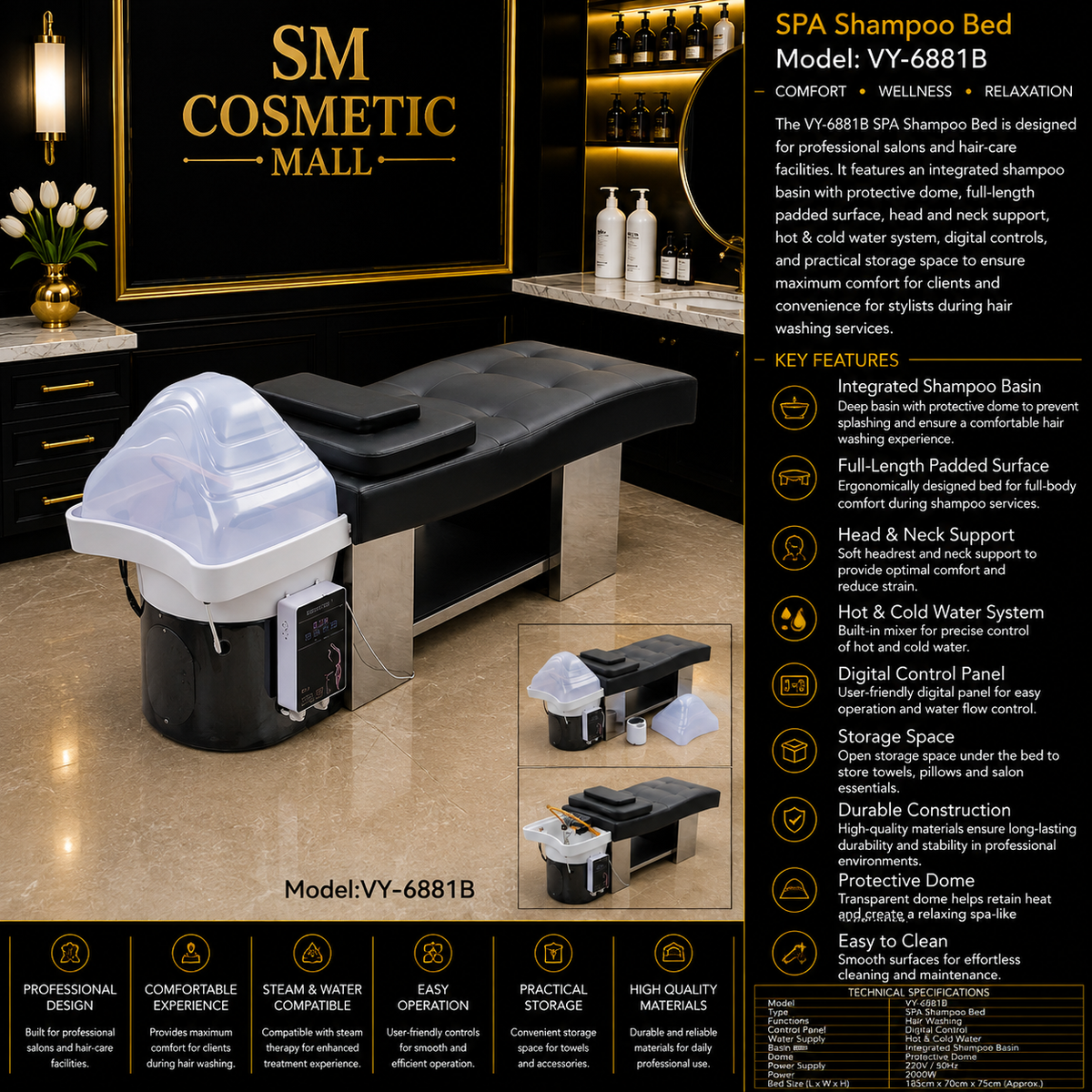 VY-6881B Professional SPA Shampoo Bed with Integrated Shampoo Basin