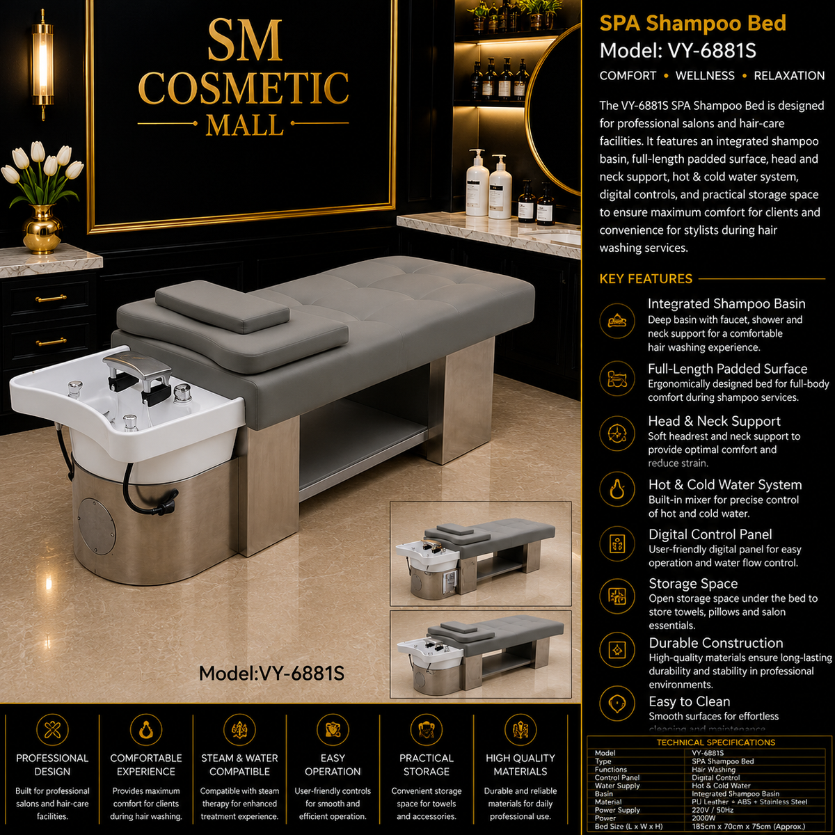 VY-6881S Professional SPA Shampoo Bed with Integrated Shampoo Basin