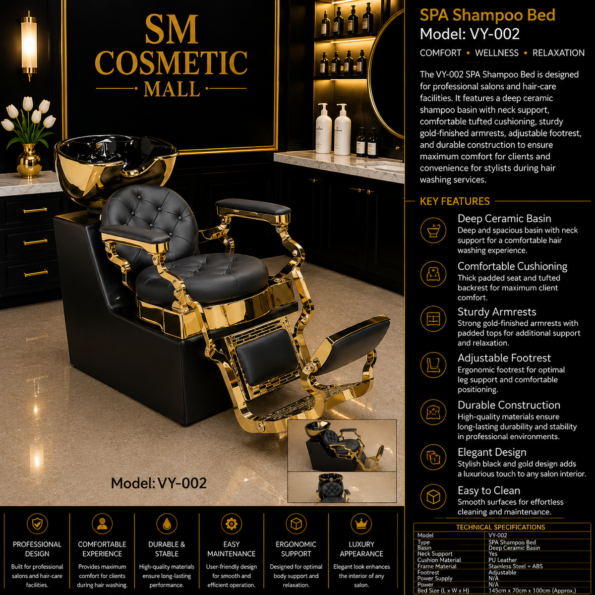 VY-002 Professional SPA Shampoo Bed with Deep Ceramic Basin