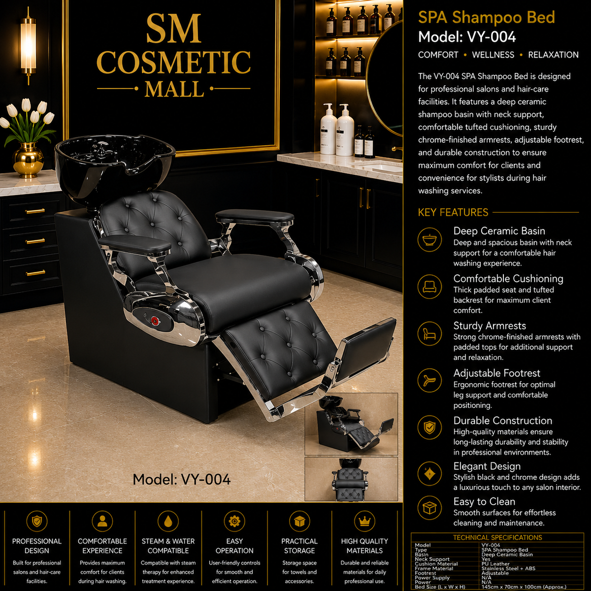 VY-004 Professional SPA Shampoo Bed with Deep Ceramic Basin