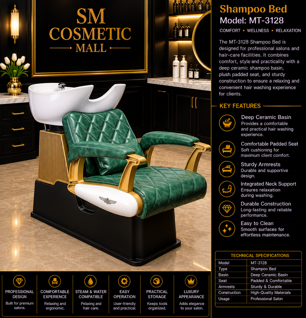 MT-3128 Professional SPA Shampoo Bed with Deep Ceramic Basin