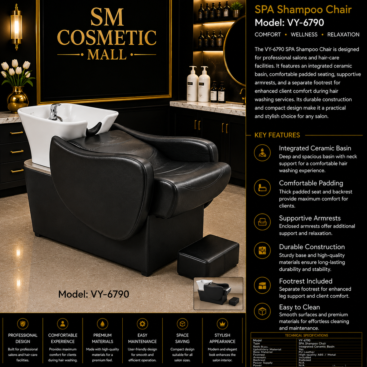 VY-6790 Professional SPA Shampoo Chair with Integrated Shampoo Basin