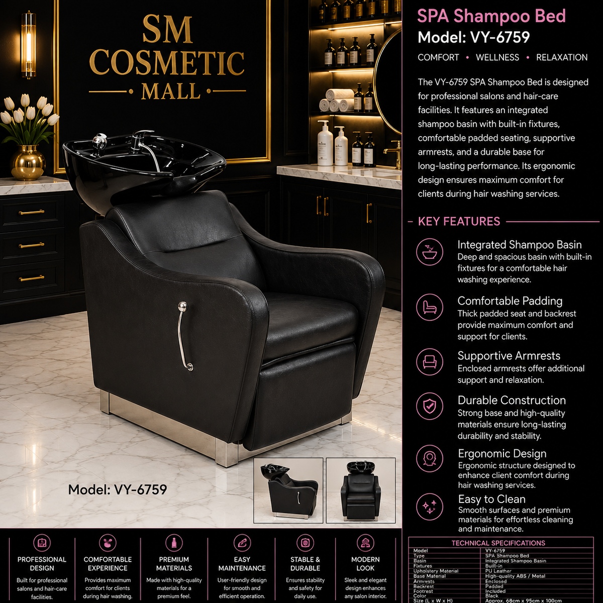 VY-6759 Professional SPA Shampoo Bed with Integrated Shampoo Basin