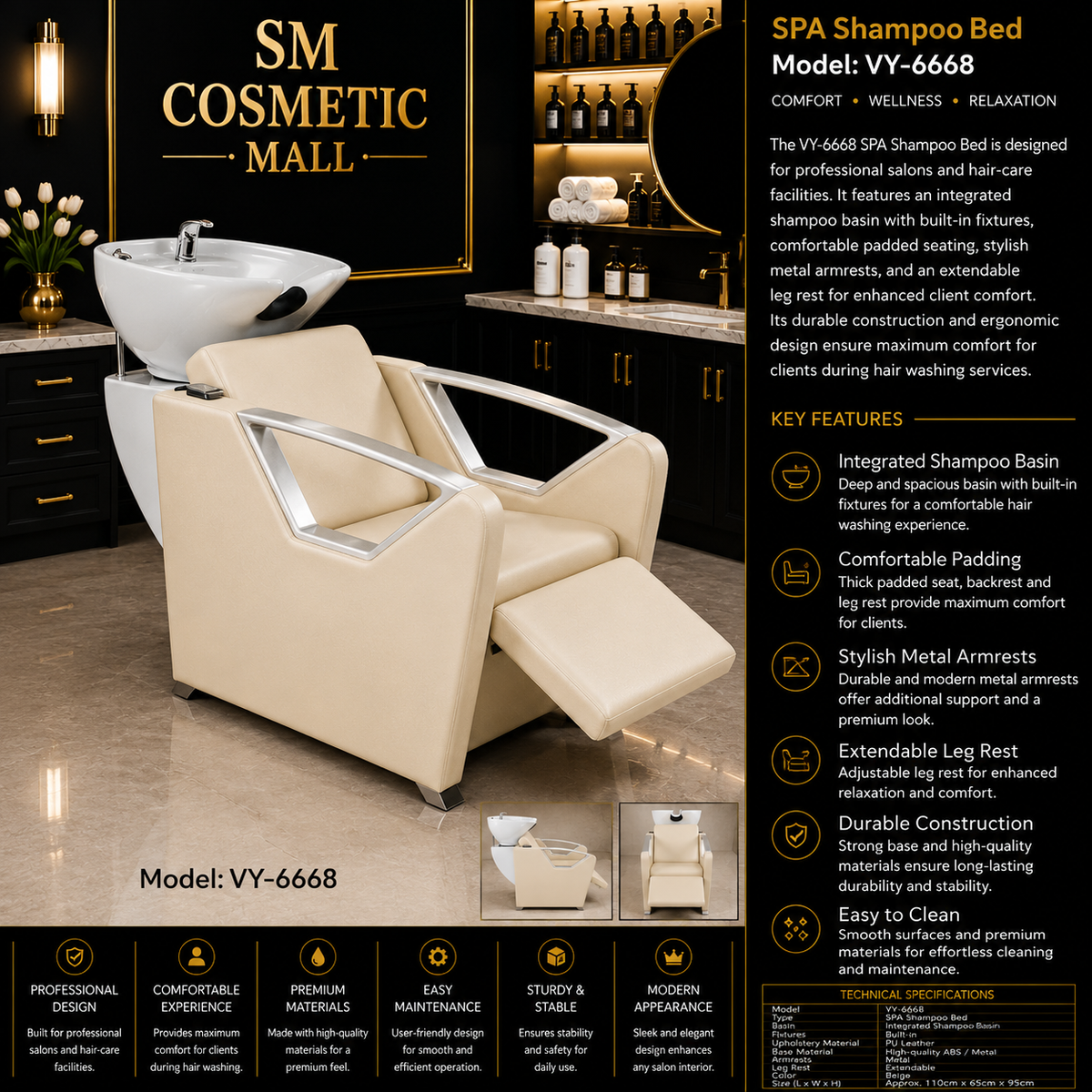 VY-6668 Professional SPA Shampoo Bed with Integrated Shampoo Basin