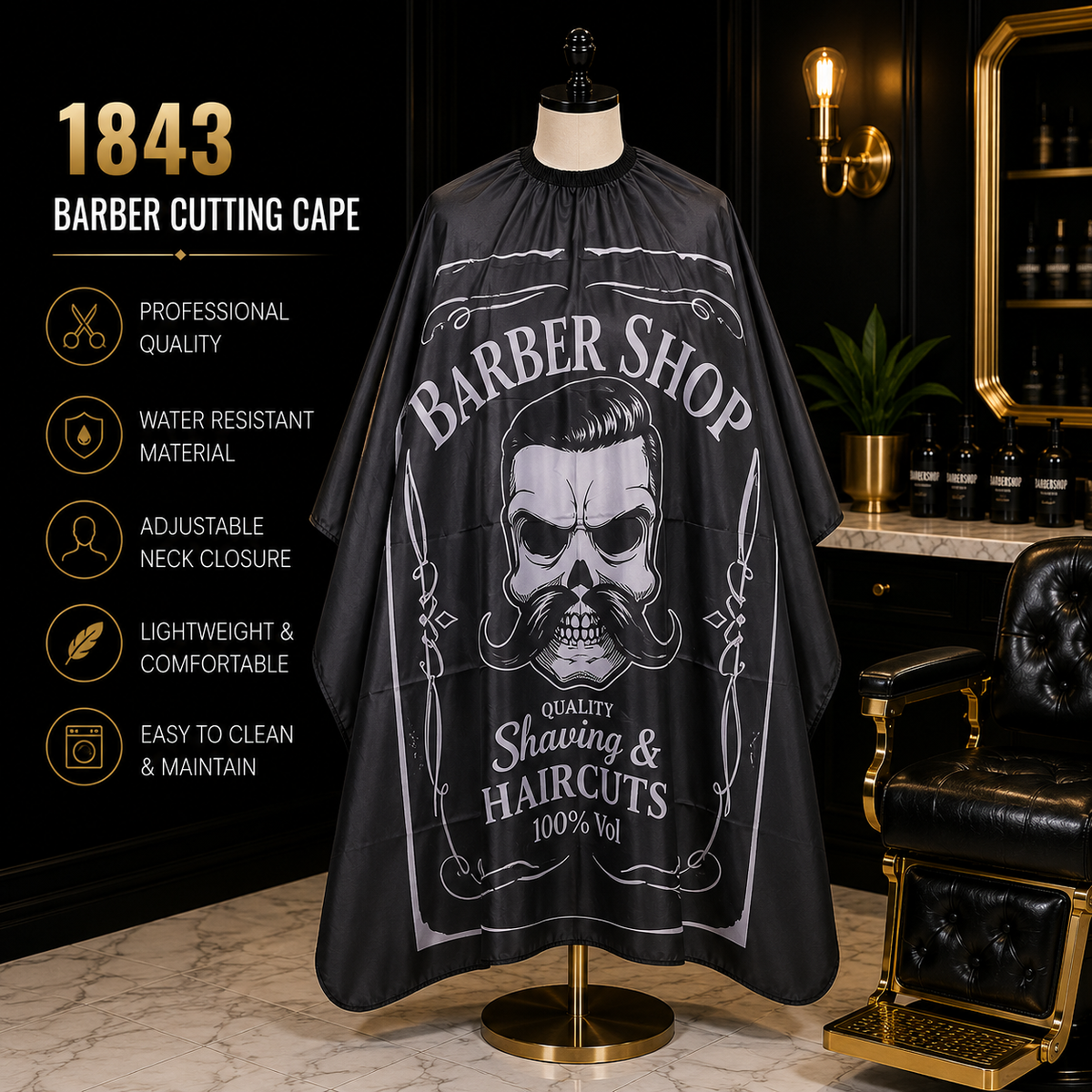 1843 Professional Barber Cutting Cape – Black Skull Barber Shop Design