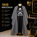 1849 Professional Barber Cutting Cape – Black & White Striped Hair & Beard Design